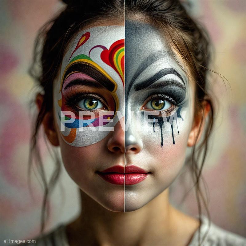 The image features a young woman with half of her face painted in vibrant, colorful, and abstract designs, reminiscent of a traditional or artistic style. The left side of her face displays a bright, rainbow-themed pattern with a heart and swirling shapes, while the right side has a monochromatic, black-and-white makeup design with bold lines and dripping elements, creating a striking contrast. Her piercing green eyes are centered in the composition, drawing attention to the symmetry and duality of her face, with a softly blurred background that emphasizes her features.